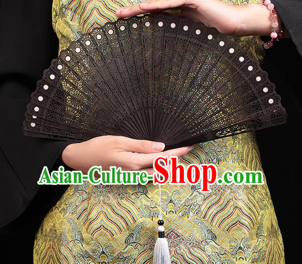 Chinese Handmade Hollow Peacock Feather Fan Classical Dance Folding Fan Traditional Black Sandalwood Accordion