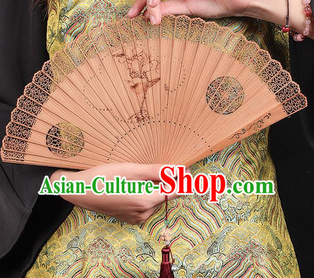 Chinese Handmade Hollow Fan Classical Dance Folding Fan Traditional Printing Begonia Bird Sandalwood Accordion