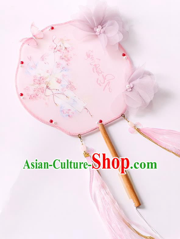 China Classical Pink Ribbon Tassel Fan Handmade Palace Fan Traditional Jin Dynasty Princess Silk Fan