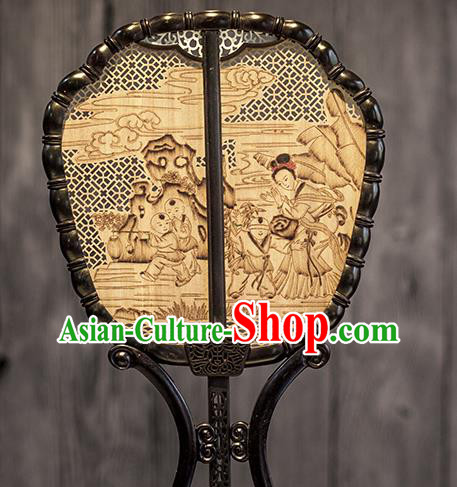 China Classical Playing Boys Painting Palace Fan Handmade Hollow Fan Traditional Carving Wood Fan