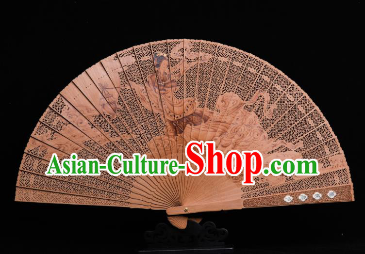 Chinese Handmade Carving Goddess Folding Fan Hollow Accordion Classical Sandalwood Fan