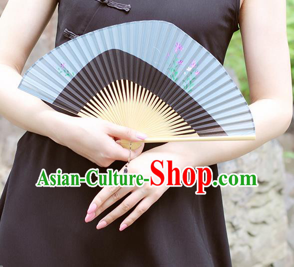 Chinese Handmade Tai Chi Folding Fan Printing Light Blue Silk Fan Traditional Kung Fu Accordion