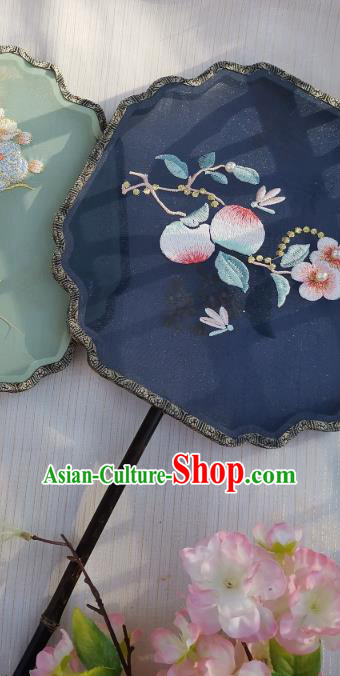 China Classical Navy Silk Fan Traditional Hanfu Princess Fan Handmade Embroidered Peach Flowers Palace Fan