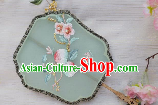 China Handmade Embroidered Peach Flowers Palace Fan Classical Green Silk Fan Traditional Song Dynasty Court Fan