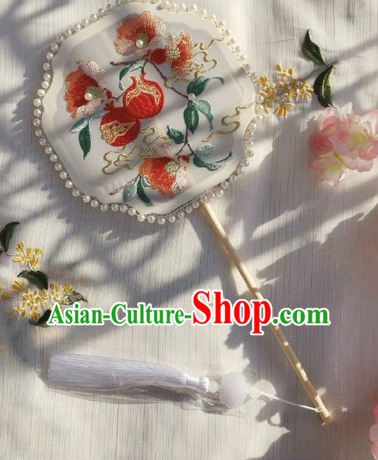 China Handmade Embroidered Pomegranate Palace Fan Classical White Silk Fan Traditional Hanfu Pearls Fan
