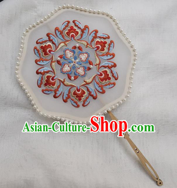 China Handmade Embroidered Palace Fan Classical Hanfu Pearls Fan Traditional Tang Dynasty Princess Silk Fan