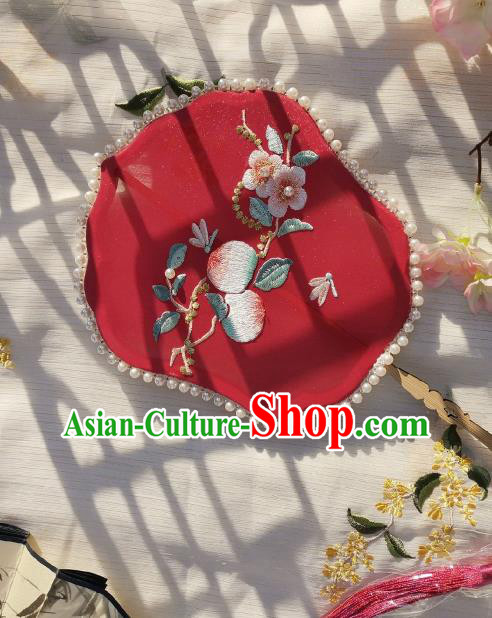 China Classical Wedding Red Silk Fan Traditional Song Dynasty Princess Fan Handmade Embroidered Peach Flowers Palace Fan