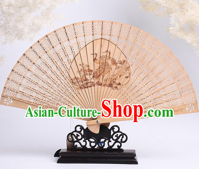 Chinese Handmade Hollow Sandalwood Accordion Classical Folding Fan Printing Crane Fan Craft