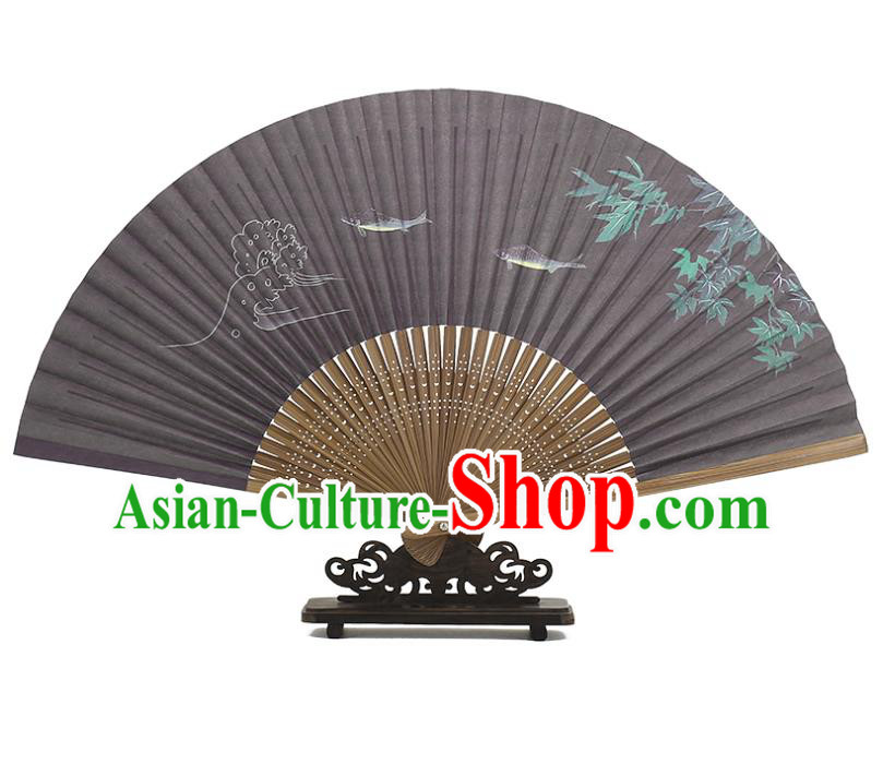 Chinese Classical Bamboo Folding Fan Handmade Painting Fishes Fan Traditional Black Accordion