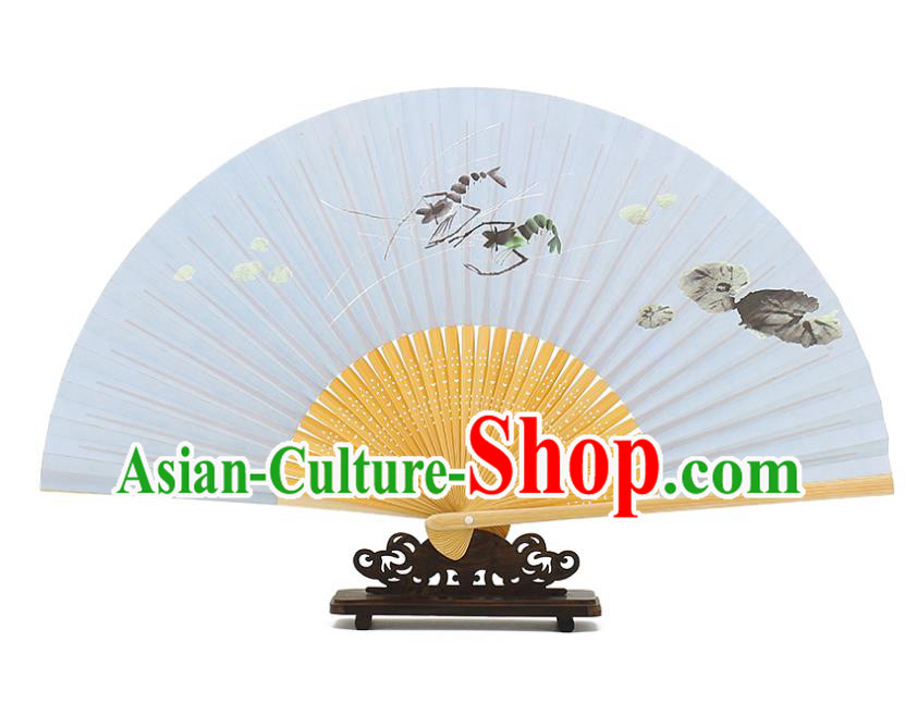 Chinese Handmade Ink Painting Shrimp Fan Traditional White Paper Accordion Classical Bamboo Folding Fan