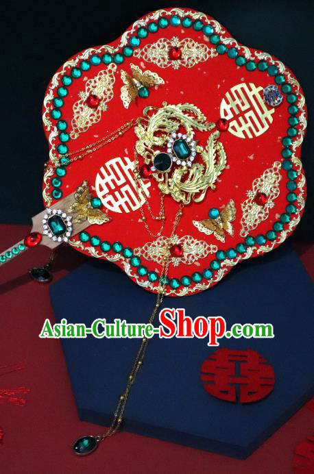 China Handmade Green Crystal Palace Fan Classical Bride Red Fan Traditional Wedding Silk Fan
