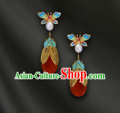 China Handmade Enamel Bee Ear Accessories Traditional Qing Dynasty Agate Earrings