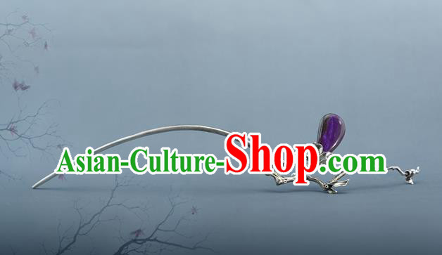 Chinese Traditional Hair Accessories National Silver Mangnolia Hair Stick Cheongsam Amethyst Hairpin