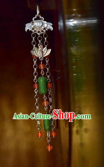 China Handmade Silver Lotus Ear Accessories Traditional Cheongsam Jadeite Tassel Earrings