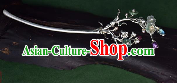 Chinese National Cheongsam Jade Plum Blossom Hair Stick Traditional Hair Accessories Handmade Silver Pearls Hairpin