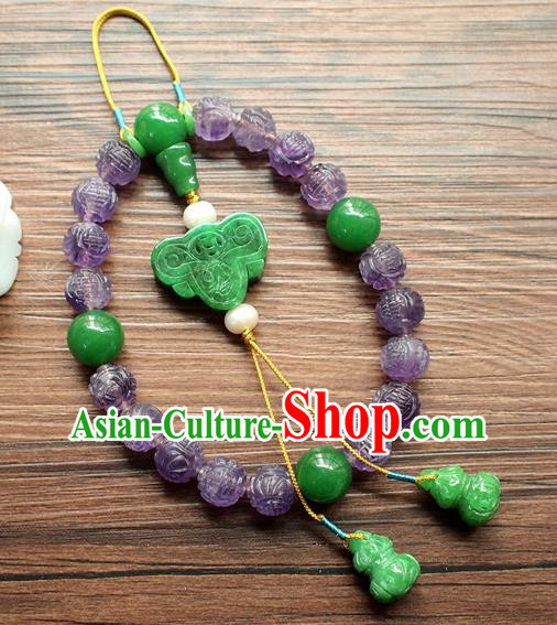 Chinese National Cheongsam Amethyst Brooch Traditional Qing Dynasty Jade Gourd Tassel Bracelet
