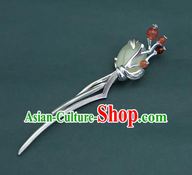 Chinese Traditional Hair Accessories Handmade Silver Hairpin National Cheongsam Hetian Jade Hair Comb