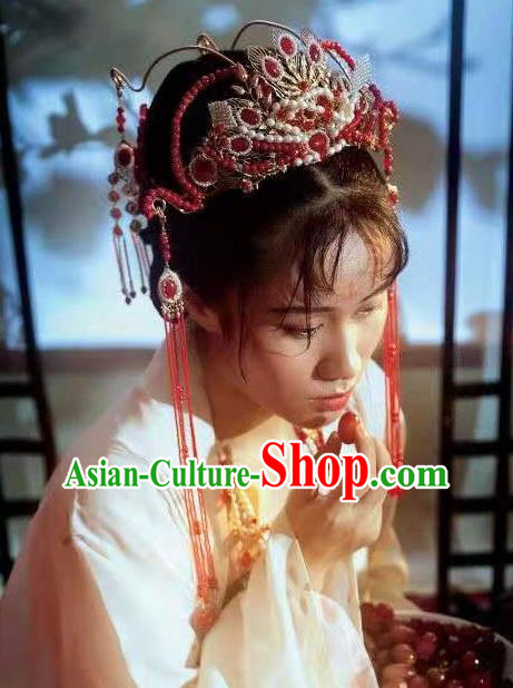 Chinese Ancient Princess Red Tassel Hair Crown Traditional Tang Dynasty Wedding Hair Accessories