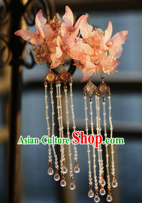 Chinese Ancient Princess Beads Tassel Hair Stick Traditional Hanfu Pink Silk Butterfly Hairpin