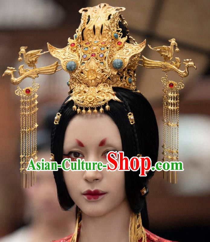 Chinese Ancient Imperial Empress Golden Hair Crown and Tassel Hairpins Movie Qing Ya Ji Princess Changping Headwear