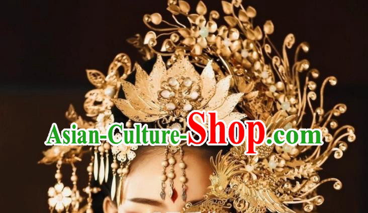 Chinese Ancient Imperial Concubine Golden Lotus Hair Crown and Tassel Hairpins Full Set