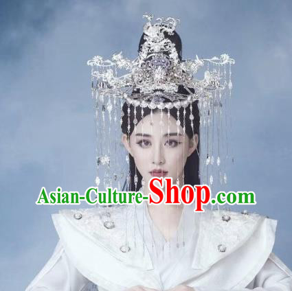 Chinese Drama Sansheng Sanshi Pillow Headwear Ancient Queen Goddess Bai Qian Wedding Argent Tassel Hair Crown