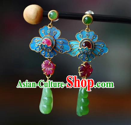 China Traditional Qing Dynasty Court Jadeite Earrings Handmade Tourmaline Ear Accessories