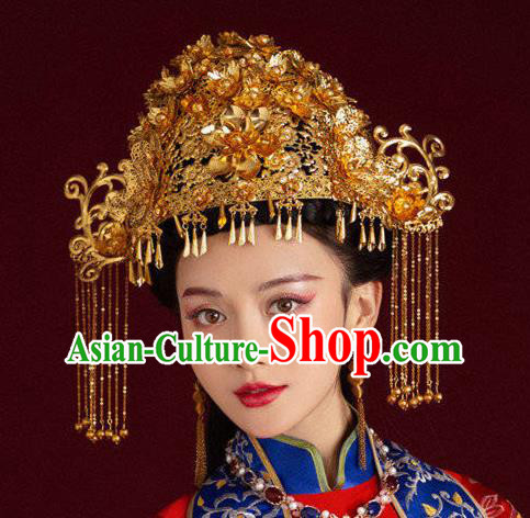 Chinese Traditional Wedding Headwear Ancient Ming Dynasty Bride Golden Phoenix Coronet