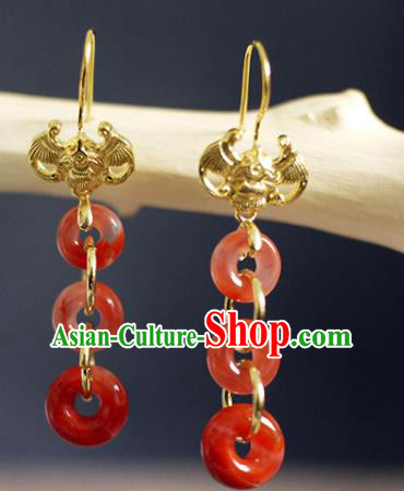 China Handmade Agate Rings Earrings Traditional Qing Dynasty Golden Bat Ear Jewelry