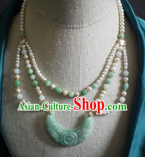 Chinese Traditional Ming Dynasty Jade Carving Necklace Accessories Ancient Princess Pearls Necklet
