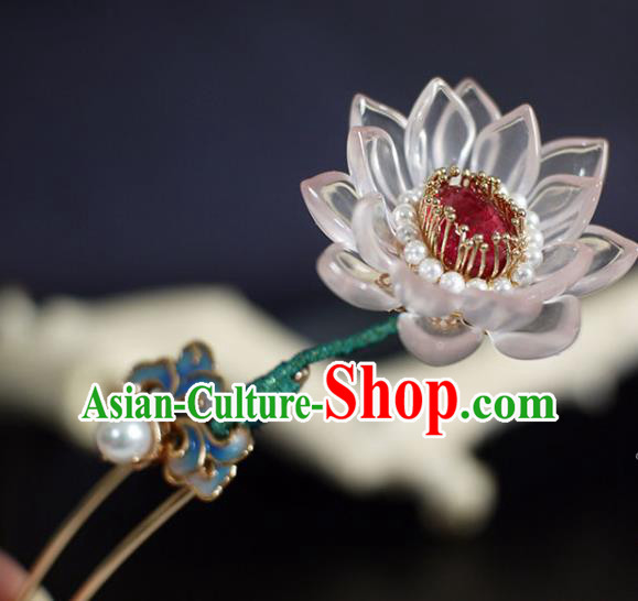 Chinese Traditional Ming Dynasty Lotus Pearls Hair Stick Ancient Princess Blue Beads Tassel Hairpin