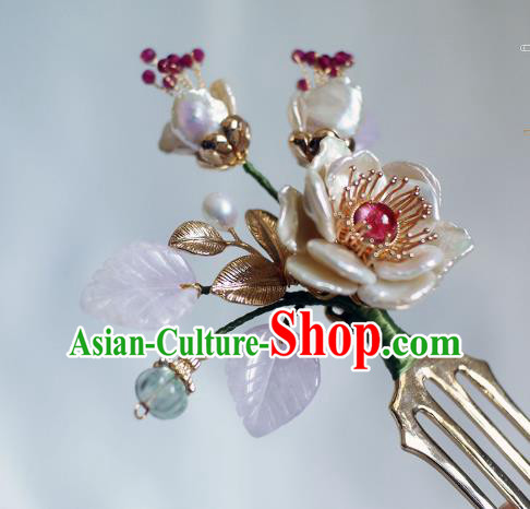 Chinese Ancient Palace Lady Amethyst Leaf Hairpin Traditional Ming Dynasty Shell Peony Hair Comb