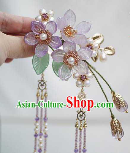 Chinese Ancient Princess Purple Tassel Hairpin Traditional Ming Dynasty Amethyst Grandiflorum Hair Stick