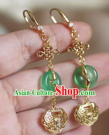 China Handmade Jade Peace Buckle Earrings Traditional Ming Dynasty Golden Lock Ear Jewelry