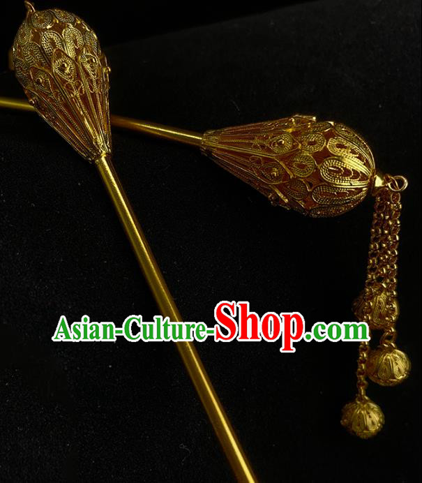 Chinese Ancient Court Woman Hair Stick Traditional Ming Dynasty Golden Lotus Tassel Hairpin