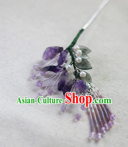 Chinese Ancient Princess Amethyst Hairpin Traditional Ming Dynasty Purple Beads Tassel Hair Clip