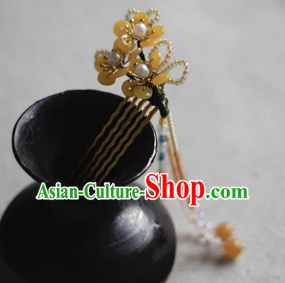 Chinese Ancient Court Lady Pearls Hairpin Traditional Ming Dynasty Yellow Plum Blossom Hair Comb