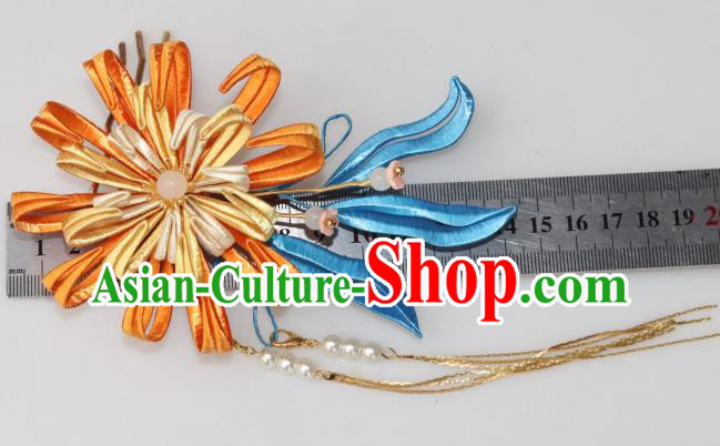 Chinese Ancient Infanta Golden Tassel Hairpin Traditional Ming Dynasty Princess Orange Silk Chrysanthemum Hair Comb