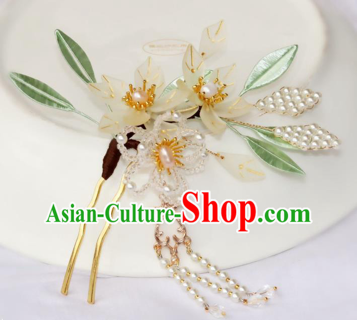 Chinese Ancient Court Woman Pear Blossom Hairpin Traditional Ming Dynasty Pearls Tassel Hair Stick