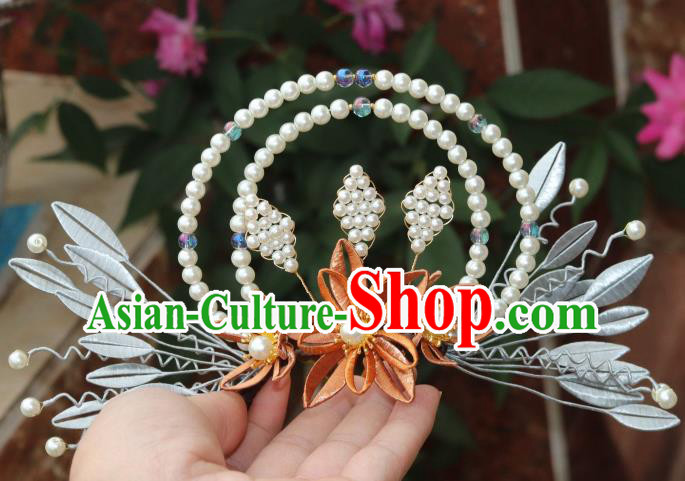 Chinese Traditional Ming Dynasty Orange Silk Flowers Hair Crown Ancient Hanfu Pearls Hair Comb
