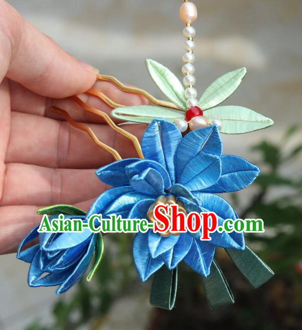 Chinese Ancient Princess Blue Silk Lotus Hair Comb Handmade Pearls Dragonfly Hairpin Hair Accessories
