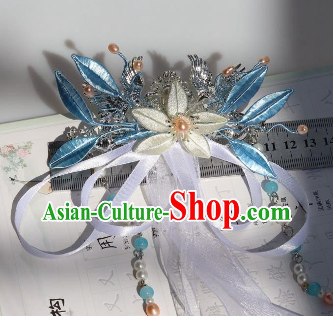 Chinese Handmade Hanfu Tassel Hair Accessories Ancient Princess White Silk Ribbon Hair Claw