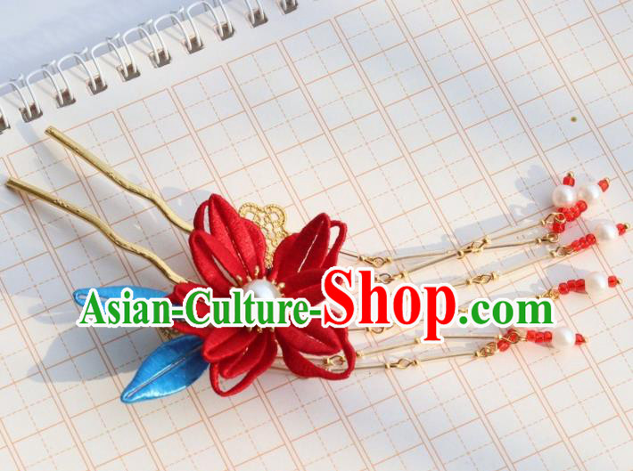 Chinese Handmade Hanfu Red Beads Tassel Hair Stick Ancient Ming Dynasty Princess Red Epiphyllum Hairpin