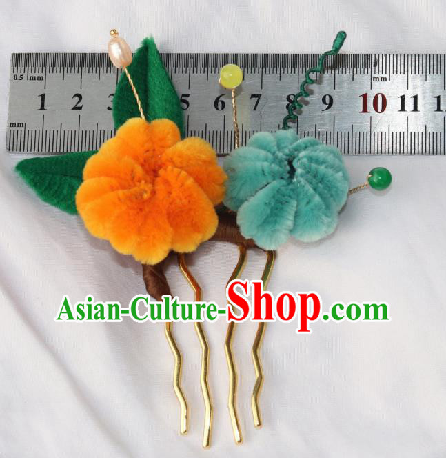 Chinese Ancient Court Hairpin Traditional Ming Dynasty Princess Velvet Chrysanthemum Hair Comb
