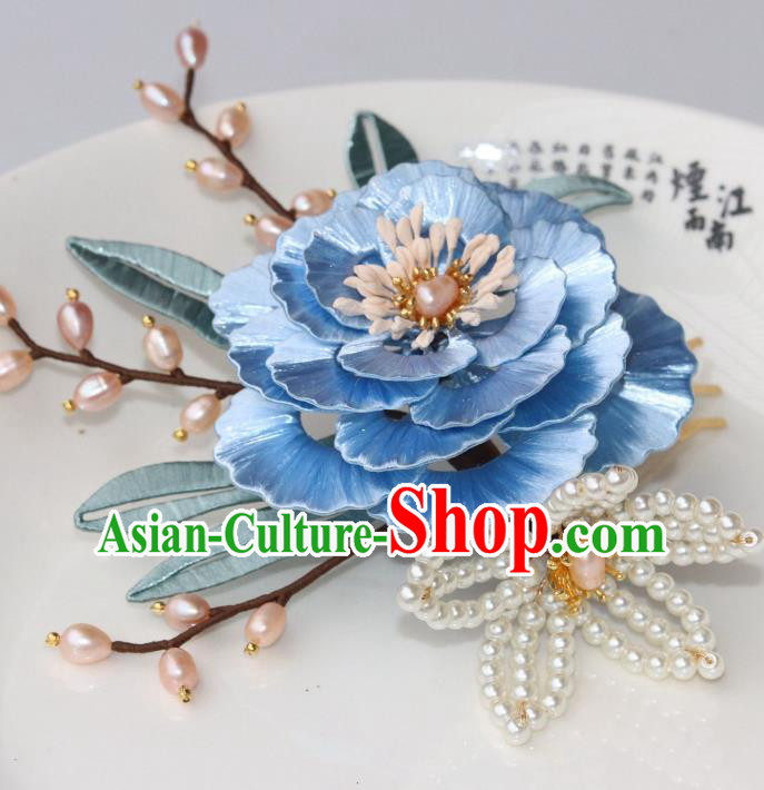 Chinese Traditional Ming Dynasty Princess Blue Peony Hair Comb Ancient Noble Woman Hairpin