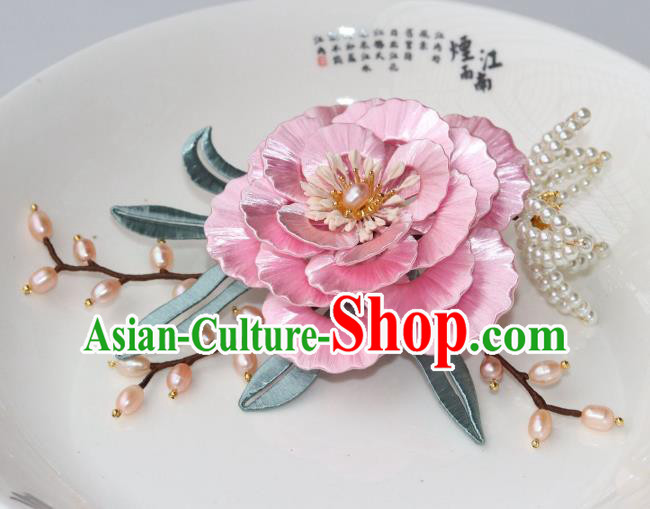 Chinese Traditional Ming Dynasty Court Lady Pink Peony Hair Comb Ancient Princess Pearls Hairpin