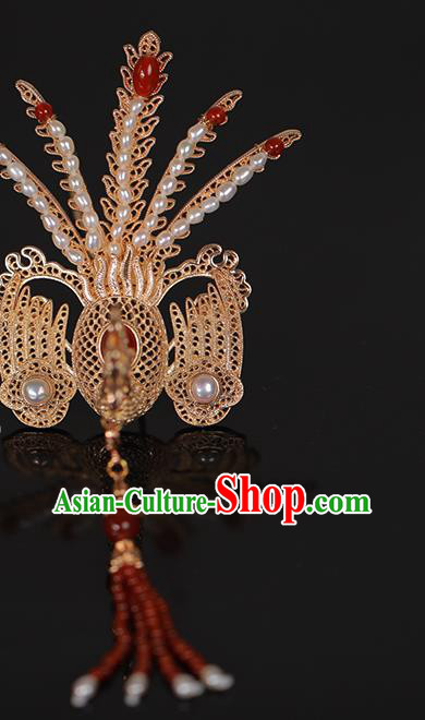 Chinese Traditional Song Dynasty Court Red Tassel Hair Crown Ancient Empress Golden Phoenix Pearls Hairpin