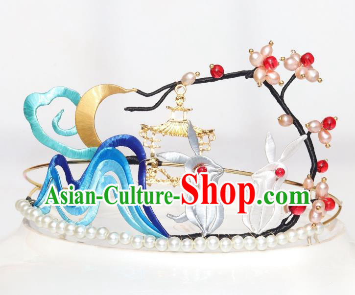 Chinese Ancient Princess Pearls Hair Clasp Traditional Song Dynasty Silk Moon Rabbit Hair Crown