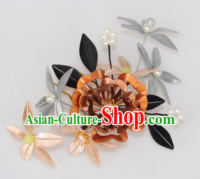 Chinese Traditional Hanfu Song Dynasty Hair Comb Ancient Princess Brown Silk Peony Hairpin