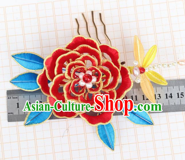 Chinese Ancient Pearls Dragonfly Hairpin Traditional Ming Dynasty Wedding Red Silk Peony Hair Comb Headwear
